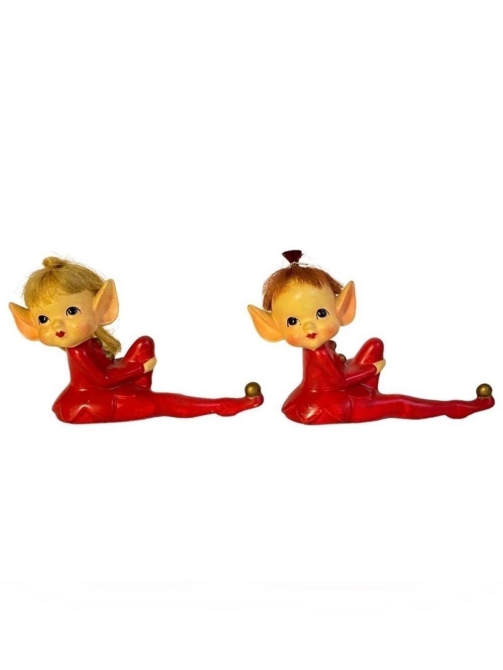 Vintage Pixie Elf Figurines Mid Century Red Ceramic Knee Hugger Elves Christmas